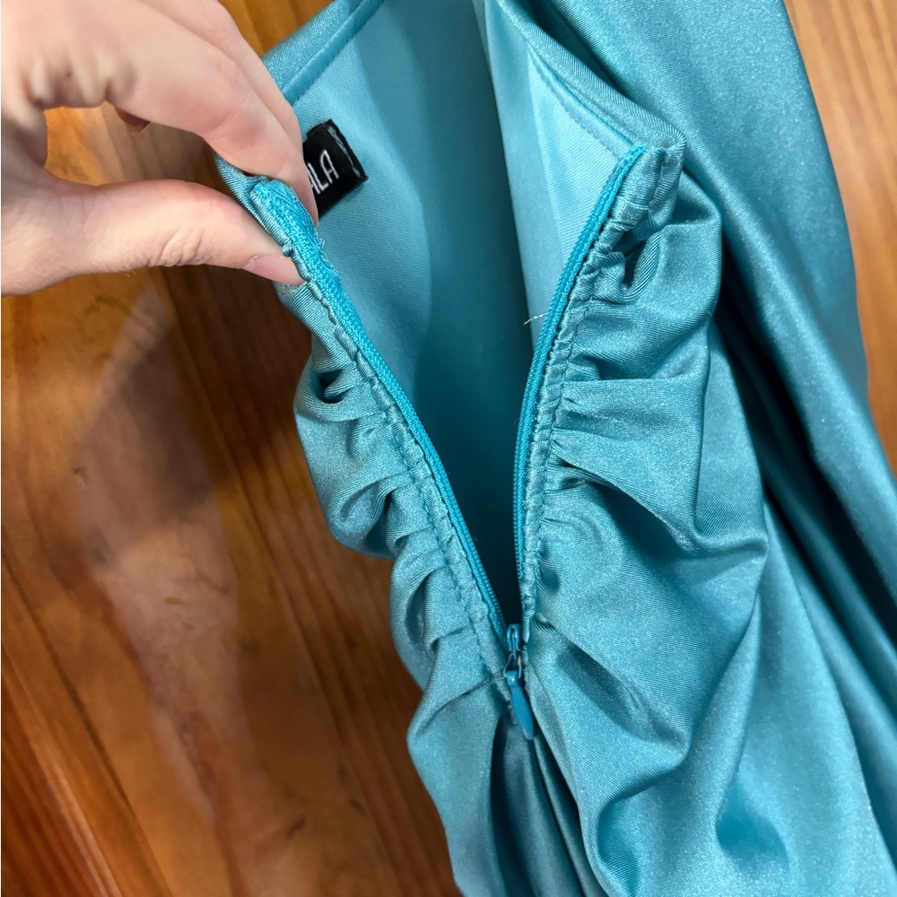 Teal Satin Criss Cross Gown - Picture 8 of 11